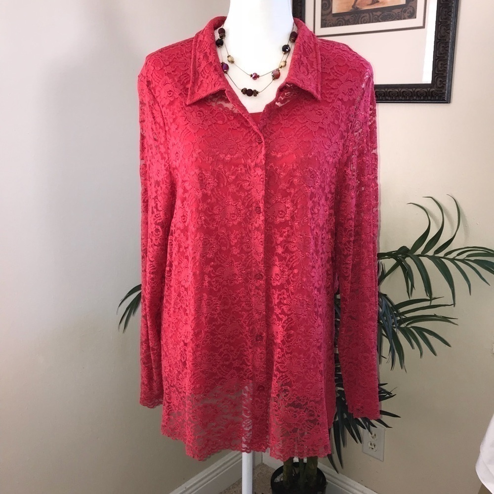 Dialogue 2pc Lace Long Sleeve Blouse & Tank Set 1X